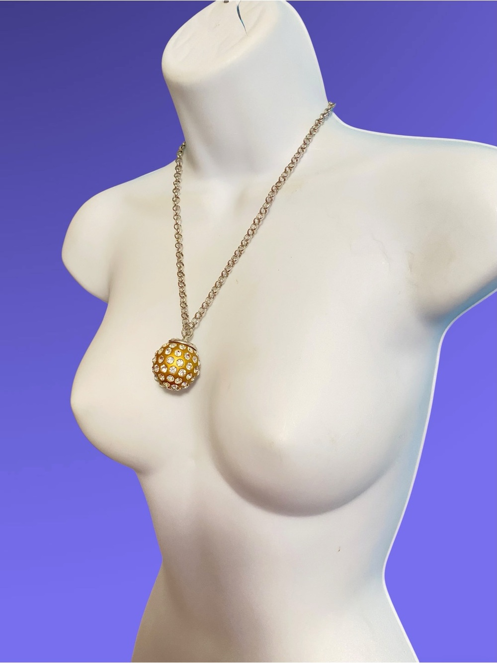 Gold Disco Ball With Rhinestones Pendant Silver Tone Chain Necklace - Picture 5 of 10